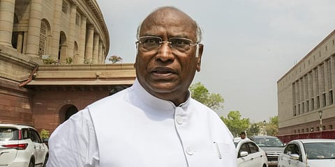 Congress President Mallikarjun Kharge at Parliament House complex during the Budget Session, in New Delhi, Monday, March 13, 2023. (Photo | PTI)
