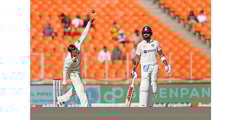 Australia's Matthew Kuhnemann in action during the Day 3 of the 4th Test Match between Australia and India, at Narendra Modi Stadium. (Photo | ANI)