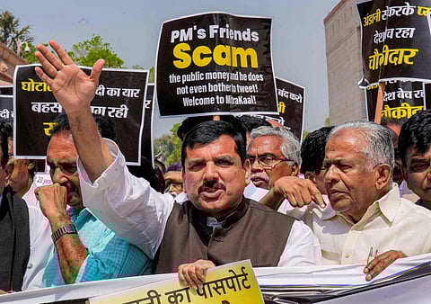 Opposition MPs during a march from Parliament House to ED office to submit a complaint over the Adani issue, in New Delhi, Wednesday, March 15, 2023. (Photo | PTI)