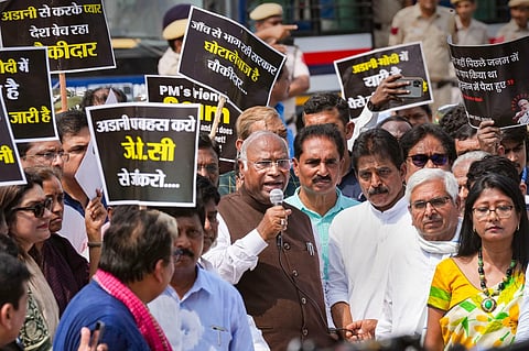 Congress chief Mallikarjun Kharge during an Opposition parties' march from Parliament House to ED office to submit a complaint over the Adani issue. (Photo | PTI)