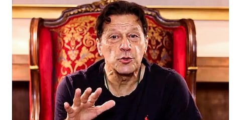 Pakistan's ousted prime minister Imran Khan and Pakistan Tehreek-e-Insaf (PTI) chairman Imran Khan virtually addresses the people of the nation. (Photo | PTI)