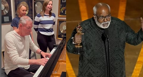 Richard Carpenter with his daughters, Mindi and Tracy , M.M. Keeravaani at the Oscars .(Photo | Screengrab- Instagram ,AP)