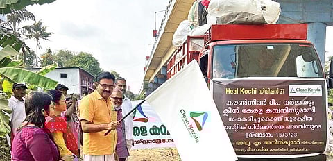 Mayor M Anilkumar flags off the waste collection vehicle of Clean Kerala Company