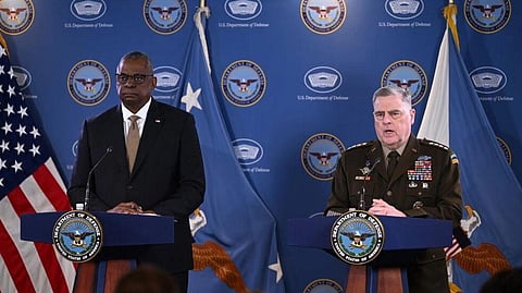 US Defense Secretary Lloyd Austin (L) and Chairman of the Joint Chiefs of Staff General Mark Milley hold a news conference on March 15, 2023 at the Pentagon. (Photo | AFP)