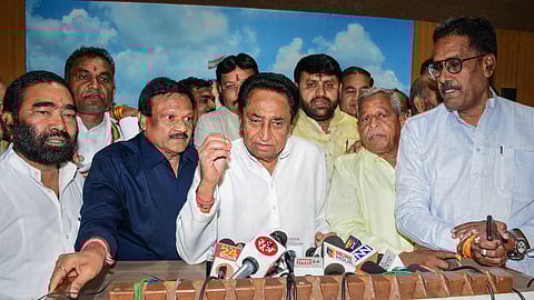 MP Congress President Kamal Nath addresses the media during the Budget session of the State Assembly, in Bhopal, Wednesday, March 15, 2023. (Photo | PTI)