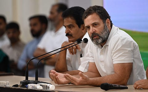 Senior Congress leader Rahul Gandhi addresses a press conference at AICC in New Delhi on Thursday. (Photo | Shekhar Yadav, EPS)