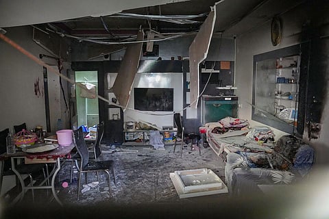 An inside view of a house where a gas pipeline exploded due to excavation work by water supply board workers in HSR layout, in Bengaluru. (Photo | PTI)