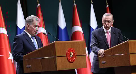 Turkish President Recep Tayyip Erdogan (R) and Finnish President Sauli Niinisto (L) deliver a joint press conference held after their meeting at the Presidential Complex in Ankara. (Photo | AFP)