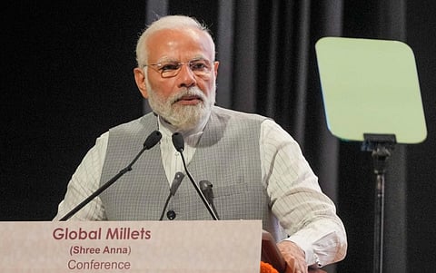 PM Narendra Modi speaks during the inauguration of the 2-day 'Global Millets (Shree Anna) Conference' in Pusa, in New Delhi, March 18, 2023. (Photo | PTI)