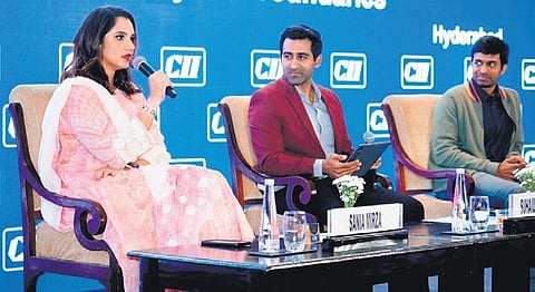 Former tennis champion Sania Mirza addresses the Annual Regional Meeting of the Confederation of Indian Industry (Southern Region) in Hyderabad on Friday.