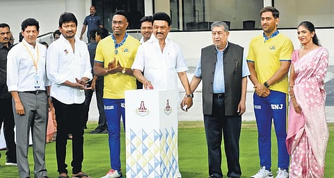 TN CM MK Stalin inaugurated the new stand (Kalaignar M Karunanidhi stand) on Friday. Also seen N Srinivasan, MS Dhoni, Dwayne Bravo, TN sports and youth welfare minister Udhayanidhi Stalin, Rupa Gurun