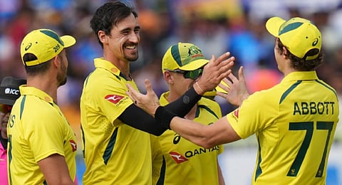 Australia's Mitchell Starc with teammates during the second ODI cricket match between India and Australia in Visakhapatnam, on March 19, 2023. (Photo | PTI)