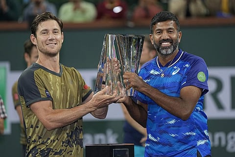Matthew Ebden, of Australia, left, and teammate Rohan Bopanna, of India, won the men's doubles final at the BNP Paribas Open tennis tournament. (Photo | AP)