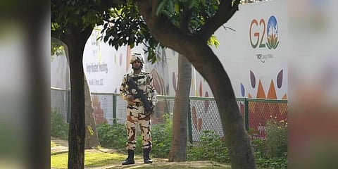 A para-military force soldier stands guard at the main venue of the G20 foreign ministers meeting, in New Delhi, India, Thursday, March 2, 2023. (Photo | AP)