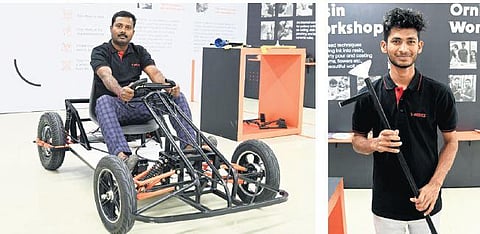 Rajendra Prasad of Konapur sits on his electric go-karting vehicle; (right) Ashok of Huzurnagar shows his seed sowing tool | Vinay Madapu