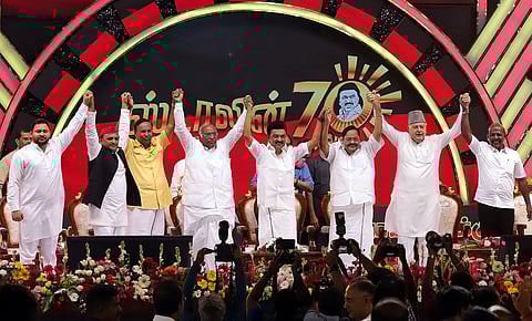 Tamil Nadu CM MK Stalin with opposition leaders Mallikarjun Kharge, Farooq Abdullah, Akhilesh Yadav, Tejashwi Yadav and DMK senior leaders in Chennai, March 1, 2023. (Photo | P Jawahar, EPS)