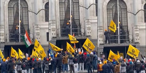 Khalistani attempt to pull down the Indian flag at the High Commission of India, London. (Photo | ANI Twitter)