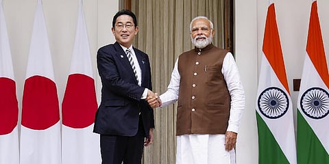 Modi with Japanese Prime Minister Fumio Kishida before their meeting at the Hyderabad House, in New Delhi, Monday, March 20, 2023. (Photo | PTI)