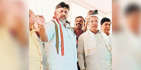 KPCC president DK Shivakumar and CLP leader Siddaramaiah inspect the venue of Yuva Kranti rally on Sunday in Belagavi | Express