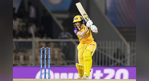 UP Warriorz player Alyssa Healy plays a extra cover drive. (Photo | Twitter/ WPL)