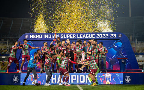 ATK Mohun Bagan players celebrate after winning the Indian Super League 2022-23 at the Jawaharlal Nehru Stadium in Goa, March 18, 2023. (Photo | PTI)