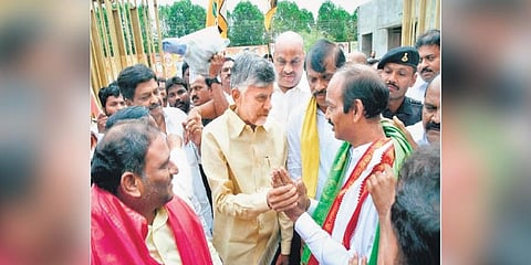 TDP chief and Leader of Opposition congratulating winners of three MLC Graduates’ Constituencies at the party headquarters in Mangalagiri on Monday I Express