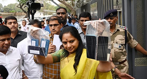 BRS leader K Kavitha poses in front of the Enforcement Directorate office in New Delhi on Tuesday, March 21. 2023. (Photo | Shekhar | Yadav, EPS)