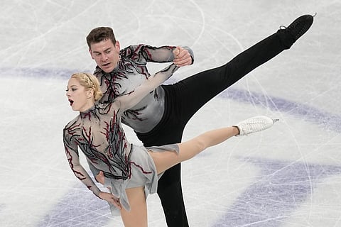 Alexa Knierim and Brandon Frazier of the U.S. perform during the pairs' short program in the World Figure Skating Championships in Saitama, north of Tokyo, Wednesday, March 22, 2023.  Knierim and Frazier started their 2022-23 campaign with a gold medal at 2022 Skate America. The achievement marked their first Grand Prix title in a full-fledged Grand Prix event. (Photo | AP)