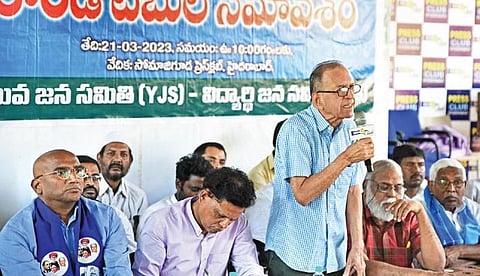 Prof G Haragopal speaks at the round-table conference on ‘TSPSC paper leak, government failure and ordeal of unemployed’ on Tuesday | Vinay Madapu