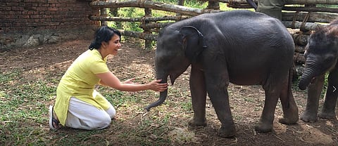 The author along with elephant calf Arjun. (Photo | Sangita Iyer)