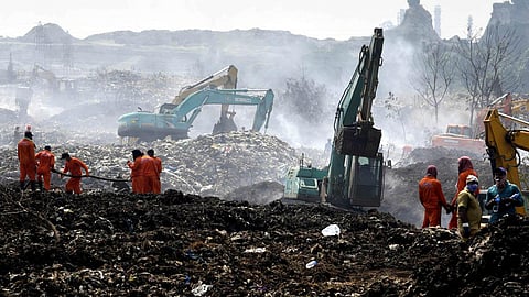 Firefighters during the last stage of operations at Brahmapuram. (File Photo | A Sanesh, EPS)