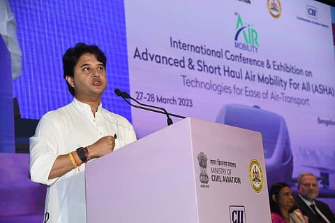 Union Civil Aviation Minister Jyotiraditya Scindia speaking at the conference in Bengaluru (Photo | Express)