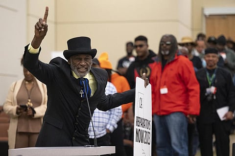 Morris Griffin, of Los Angeles, speaks during the public comment portion of the Reparations Task Force meeting in Sacramento on on March 3, 2023. (Photo | AP)