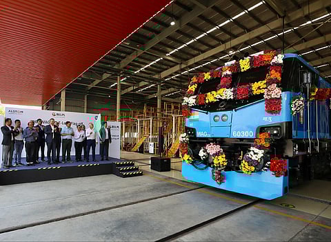 The 300th e-loco for Indian Railways being flagged off from Alstom India's locomotive maintenance depot in Nagpur on Wednesday. (Photo | Alstom Twitter)