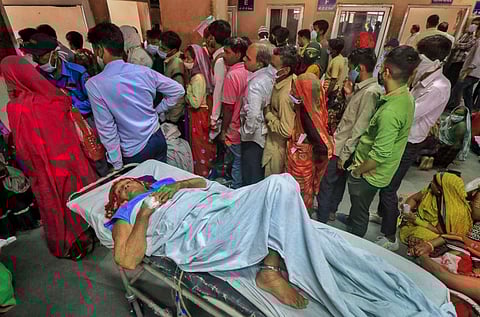 Patients wait to receive treatments at the OPD of SMS Hospital amid a strike of resident doctors over the Rajasthan Right to Health Bill, in Jaipur, Tuesday, March 28, 2023. (Photo | PTI)