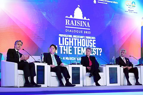 Antony Blinken, Yoshimasa Hayashi, Penny Wong and S Jaishankar participate in a Quad ministers' panel at the Taj Palace Hotel in New Delhi. (Photo | PTI)