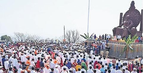 People gather at Rajahansagad Fort where CM Basavaraj Bommai inaugurated a statue of Chhatrapati Shivaji Maharaj on Thursday