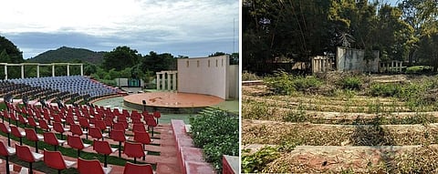 The amphitheatre in Yelagiri hills before and after being properly maintained. (Photo | S Dinesh, EPS)