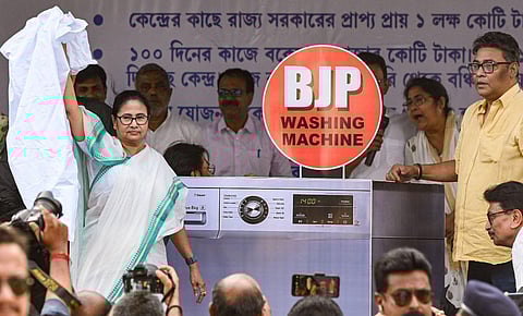 West Bengal CM and TMC supremo Mamata Banerjee during a sit-in demonstration against the Union government in Kolkata, Wednesday, March 29, 2023. (Photo | PTI)