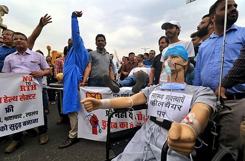 Doctors take part in a protest rally against Rajasthan's Right to Health bill, in Jaipur, Thursday, March 30, 2023. (Photo | PTI)