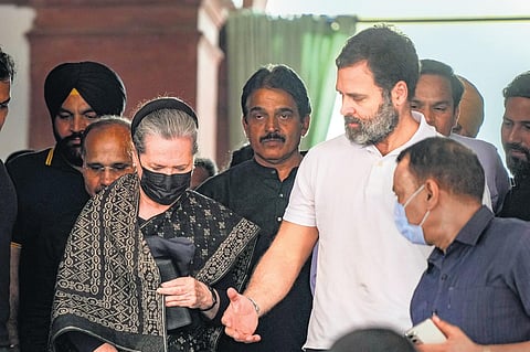 Congress leaders Sonia Gandhi and Rahul Gandhi arrive at Parliament House complex, in New Delhi, on Wednesday. (Photo | PTI)
