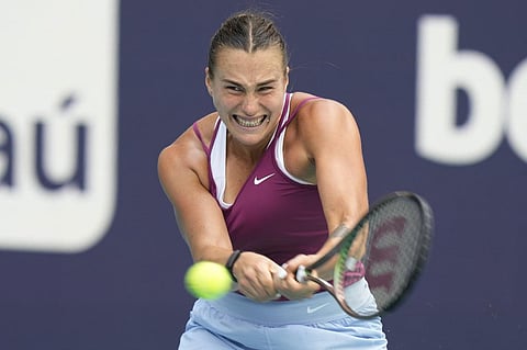 Aryna Sabalenka returns to Sorana Cirstea of Romania during the Miami Open tennis tournament on Wednesday, March 29, 2023. (Photo | AP)