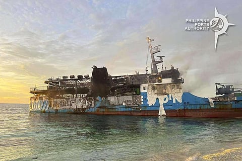 In this handout photo provided by the Philippine Ports Authority Zamboanga, the remains of the MV Lady Mary Joy is seen in Basilan, southern Philippines on Thursday March 30, 2023. (Photo | AP)