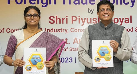 Commerce and Industry Minister Piyush Goyal with Ministers of State Anupriya and Commerce Secretary Sunil Barthwal releases 'Foreign Trade Policy 2023'.(Photo | PTI)