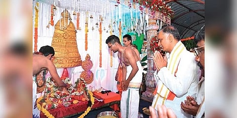 Telangana Finance Minister T Harish Rao participates in Sri Rama Navami celebrations at the Shivaji Nagar Hanuman temple in Siddipet town on Thursday 