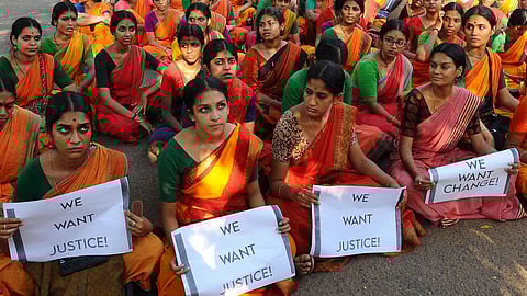 FILE- Students of Kalakshetra Foundation staged a protest over the institute’s inaction against a dance teacher facing sexual harassment allegations, in Chennai, on March 30. 