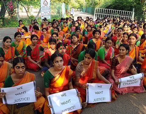 Students of Kalakshetra Foundation staged a protest over the institute’s inaction against a dance teacher facing sexual harassment allegations, in Chennai, on March 30. (Express)