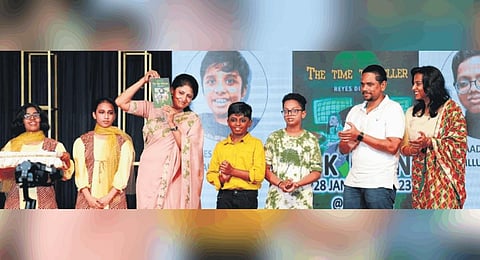 Sherrin Mathews, director of My School Tirur, with Reyes Dilshad (middle), Adhidev and Reyes’ parents – Dilshad and Sajisha – during the book release function