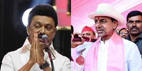 A collage of Tamil Nadu CM MK Stalin and Telangana CM K Chandrashekar Rao. (File Photo | PTI)