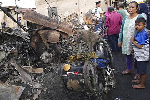 A pet macaque stands on its owner's motorbike as people inspect the damage to a neighborhood affected by a fuel depot fire in Jakarta, Indonesia, Saturday, March 4, 2023. (Photo |AP)